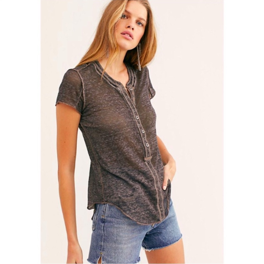Free People Dark Gray Button-Up Short Sleeve Tee